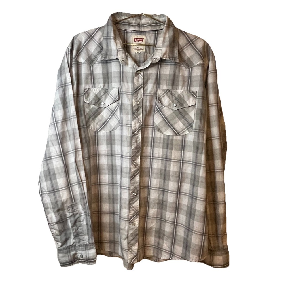 Levis Western Shirt Mens XL Grey White Plaid Pearl Snap Long Sleeve Regular Fit